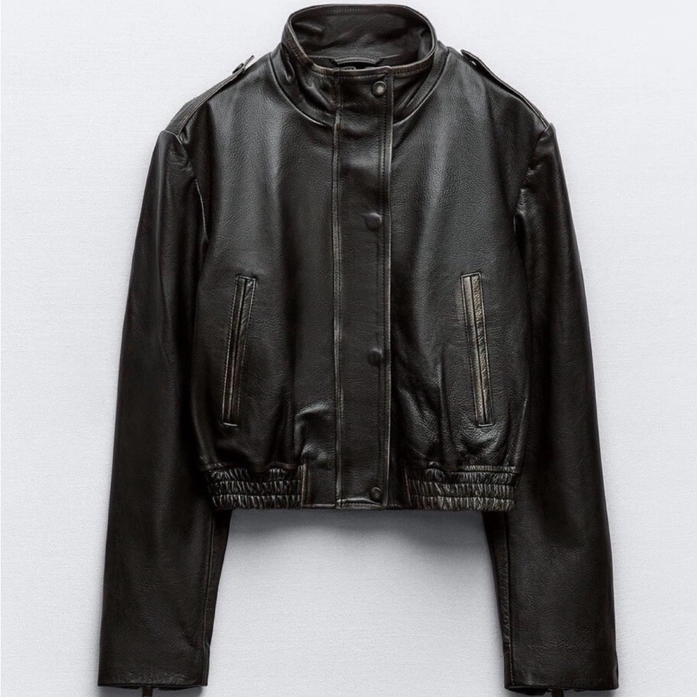Zara Black/Brown Genuine Leather Bomber Pilots Jacket Size XS